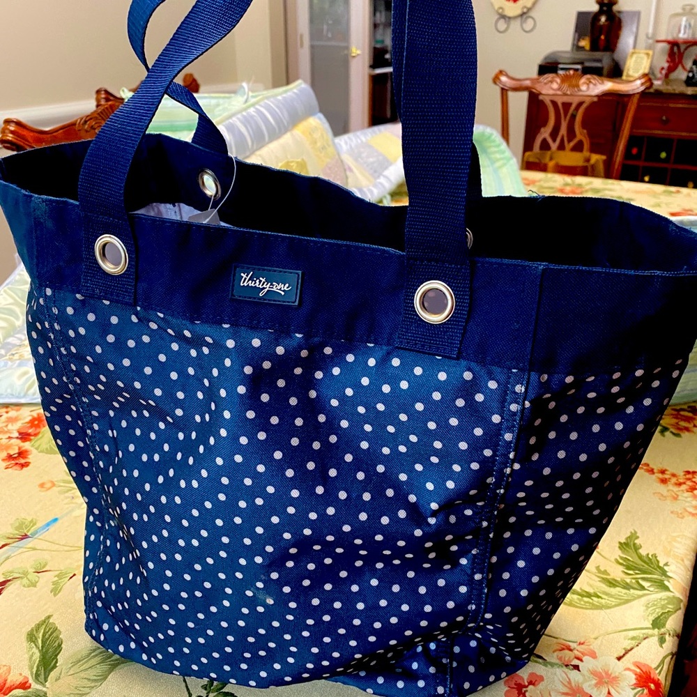 31 Bags Bucket bag.  Navy Blue with brown polka dots.  Used, great condition!